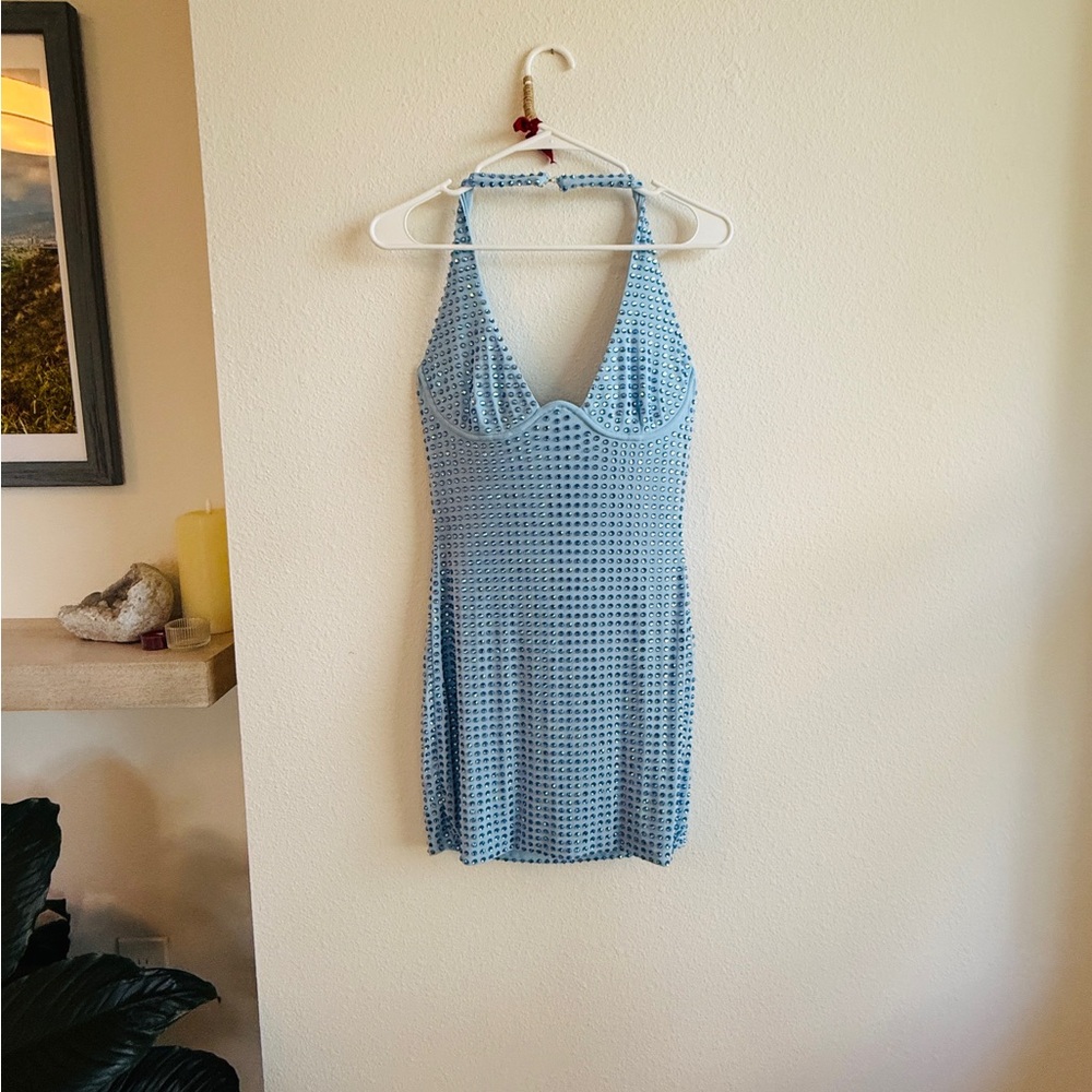 White Fox Full of Love Diamanté Baby Blue Mini Dress